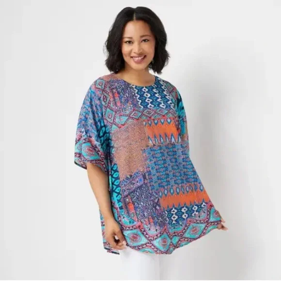 Tolani Collection Petite Printed Woven Caftan Tunic Navy Ikat PL A347419 QVC - Picture 1 of 10